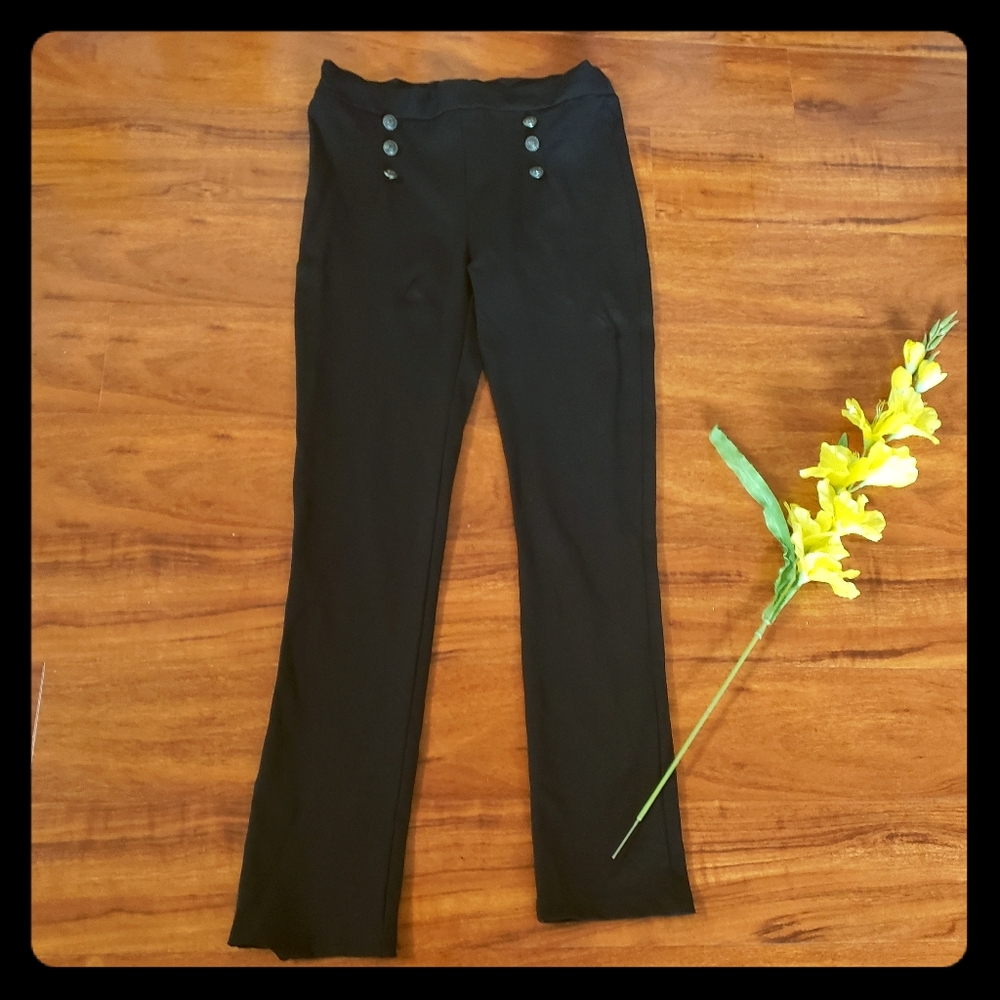 Juniors Black Stretchy Pants w/Gold Button Detail